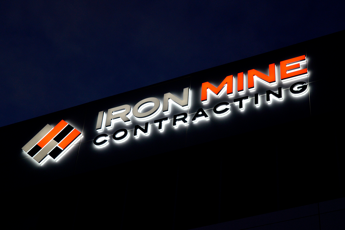 Illuminated building sign Perth mining Commercial Signage 26 Illuminated Iron Mine Contracting logo sign on exterior of Perth mining company building