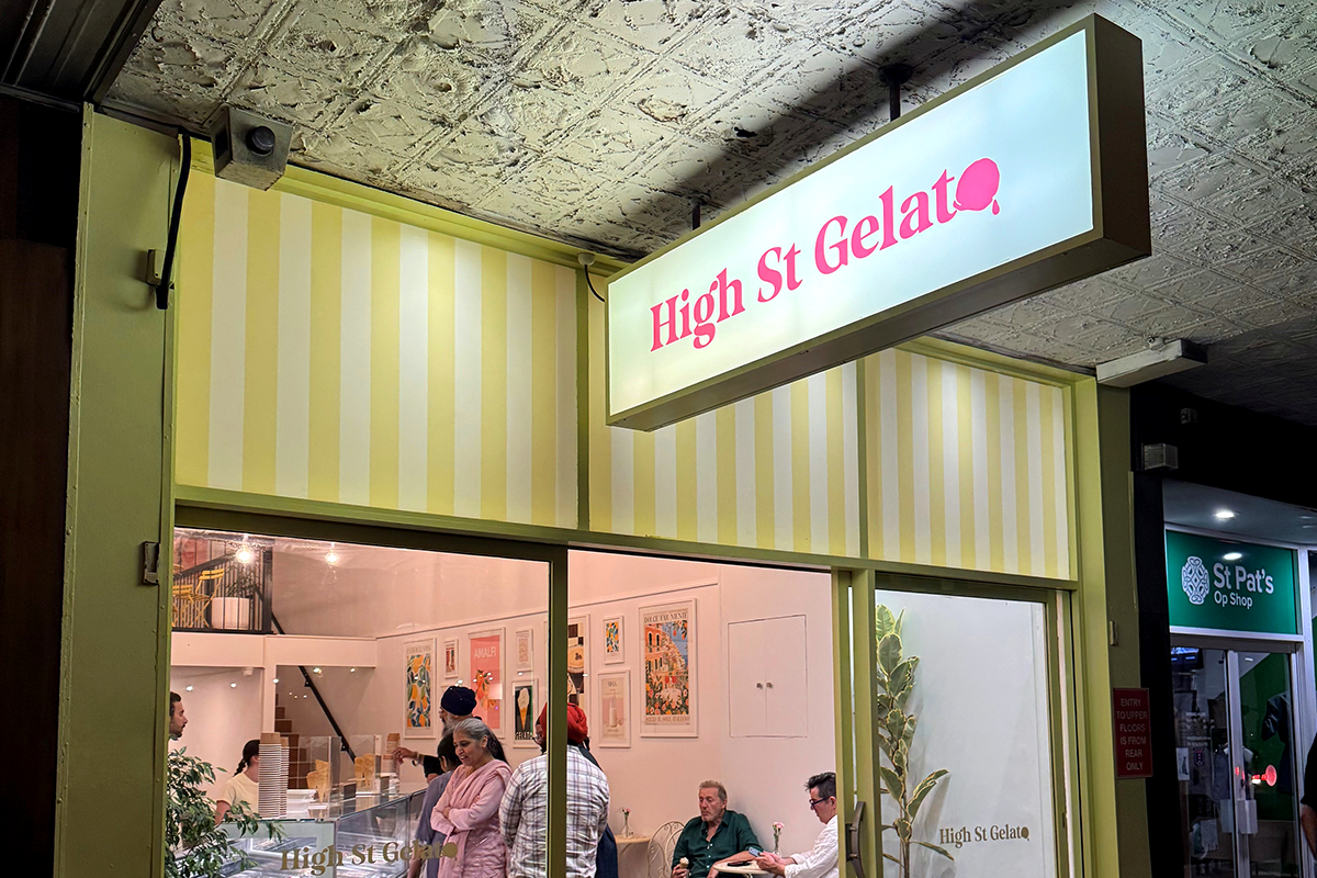 Illuminated lightbox Perth hospitality Illuminated Signage 8 High St Gelato illuminated shopfront sign outside Perth ice creamy at night