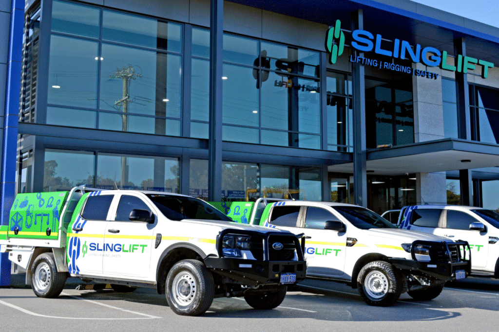 fleet graphics and wraps Perth Designing Fleet Graphics That Actually Work: Expert Tips From WA’s Vehicle Signage Specialists 3 SlingLift branded vehicle fleet with ute graphics and mine spec signage parked outside SlingLift Perth office