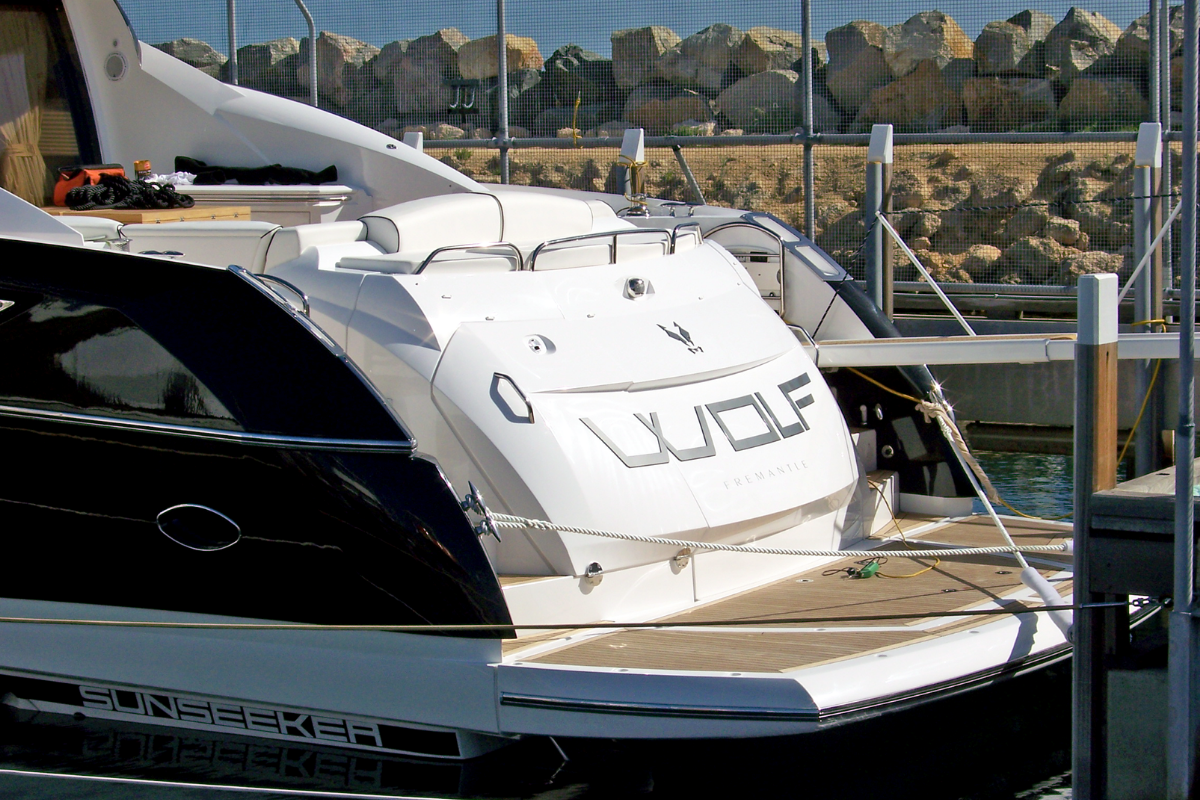 3D Stainless Steel Boat Name Marine & Boat Signage 35 Sunseeker launch in Perth water displaying 3d boat name sign WOLF