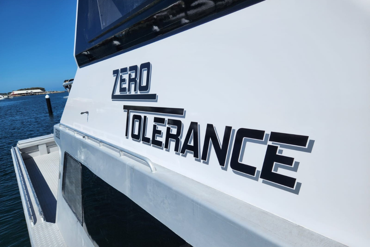 Cabin Boat Name Vinyl Perth Marine & Boat Signage 10 Zero Tolerance boat name sign displayed on launch vessel