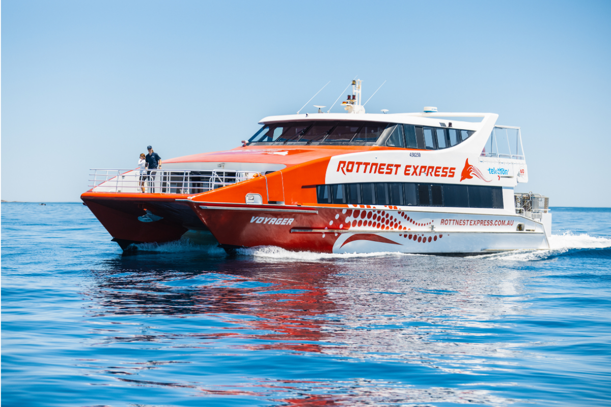 Large Sea Vessel Signage Perth Marine & Boat Signage 50 Rottnest Express ferry in Perth waters displaying boat graphics and wrap signage