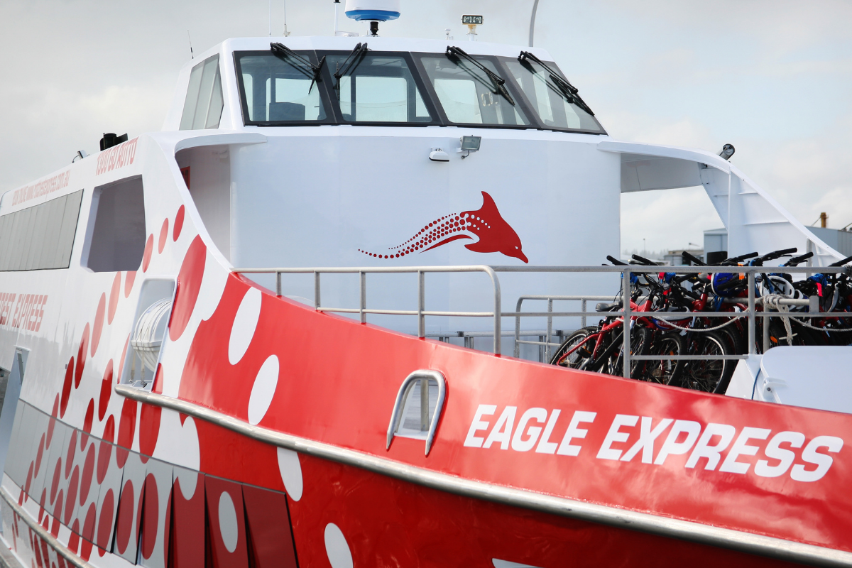 Marine Commerical Industry Perth Marine & Boat Signage 67 Rottnest Express ferry loaded with passenger bikes ready to depart journey to Rottnest Island, displaying branded boat graphics and signage