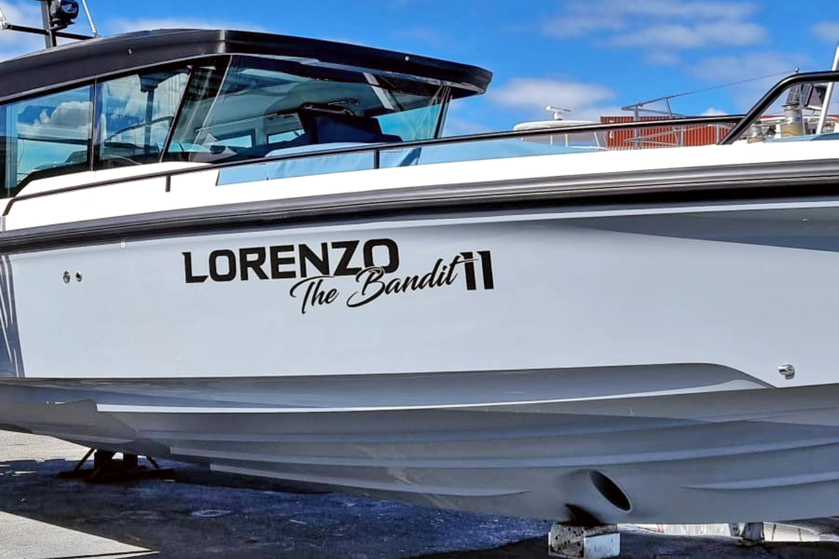 Perth Hull Name Boat ID Marine & Boat Signage 15 boat name sign Lorenzo The Bandit displayed on hull of Perth boat at yacht club