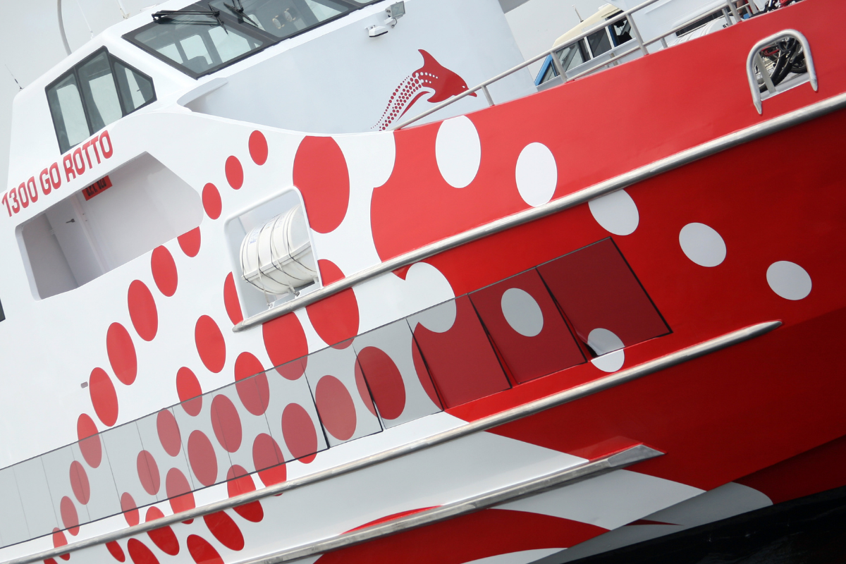 Perth Marine Commerical Industry Marine & Boat Signage 82 Close up of marine graphics on commercial ferry displaying Rottnest Express branding
