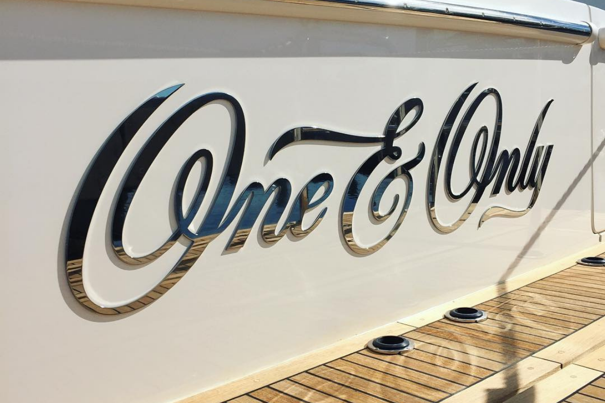 Transom Boat Name Stainless Steel Perth Marine & Boat Signage 8 Back of Perth boat displaying custom 3D boat name signage One & Only