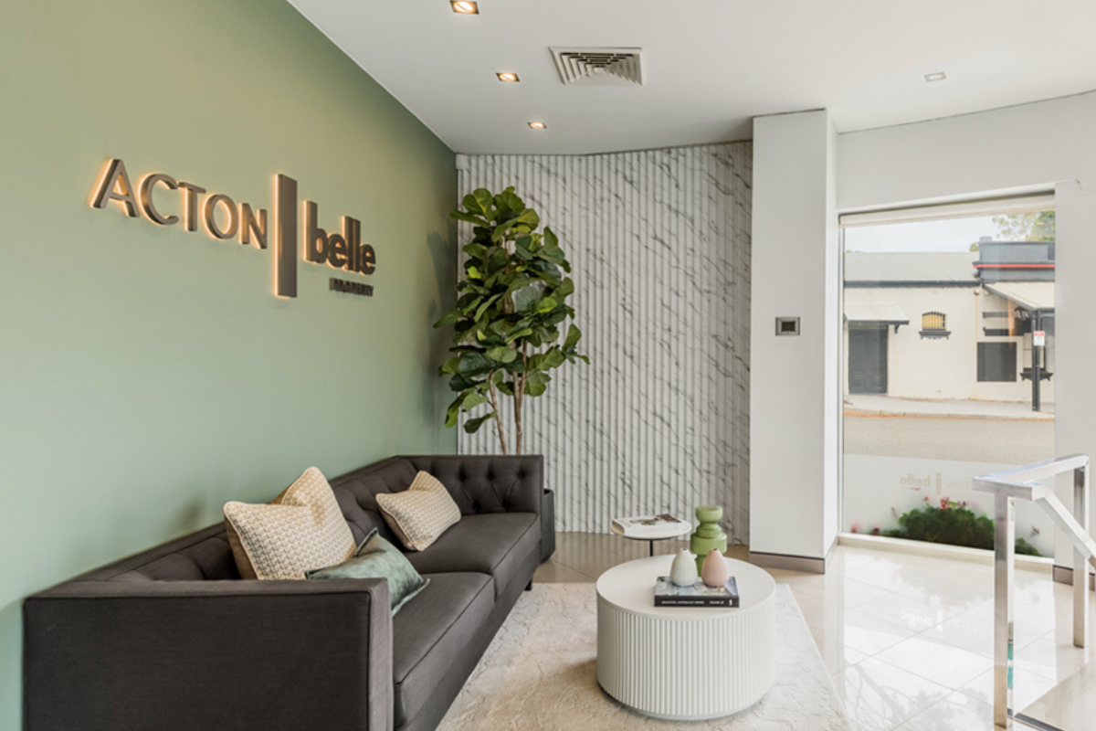 Acton Belle Reception Signage Perth Go Graphics Reception Signage 4 Acton Belle Property reception area displaying gold 3d illuminated lettering on reception wall in Perth