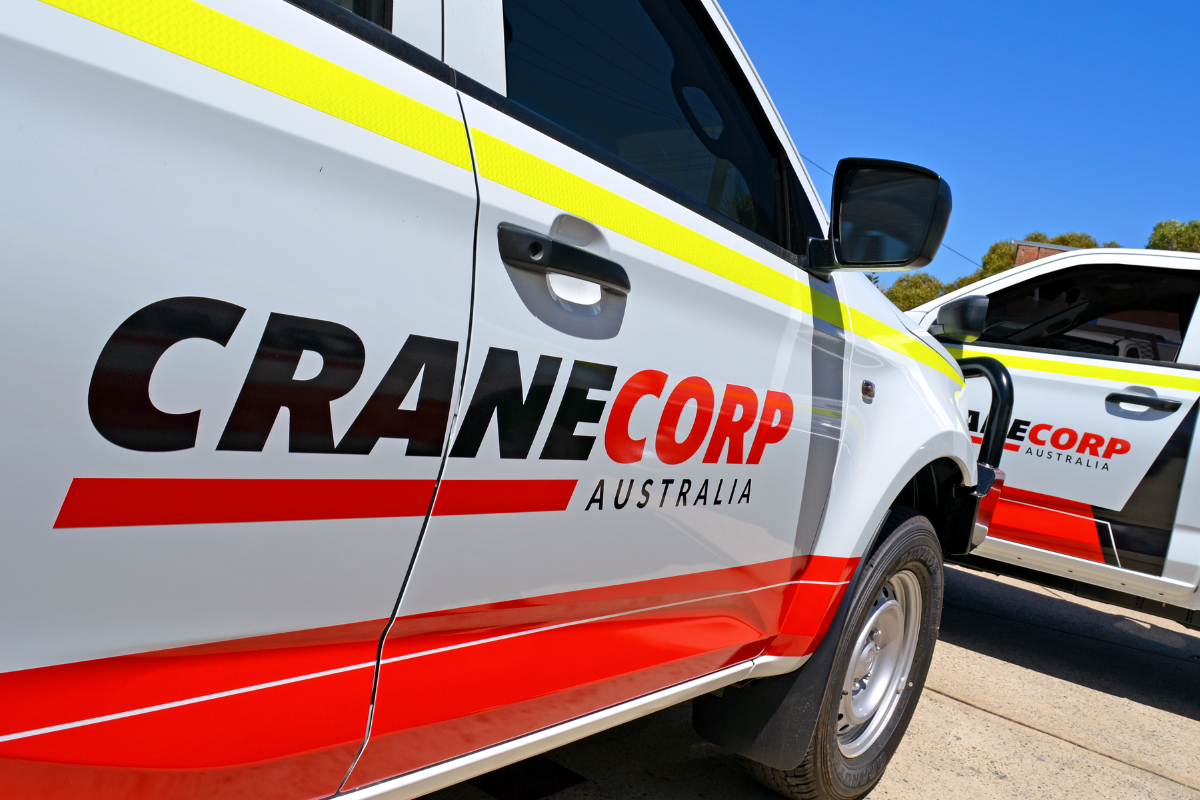 Mine spec Signage Perth Cranecorp Ute Mine Spec Signage Perth 21 Cranecorp vehicle displaying branding and reflective mine site graphics