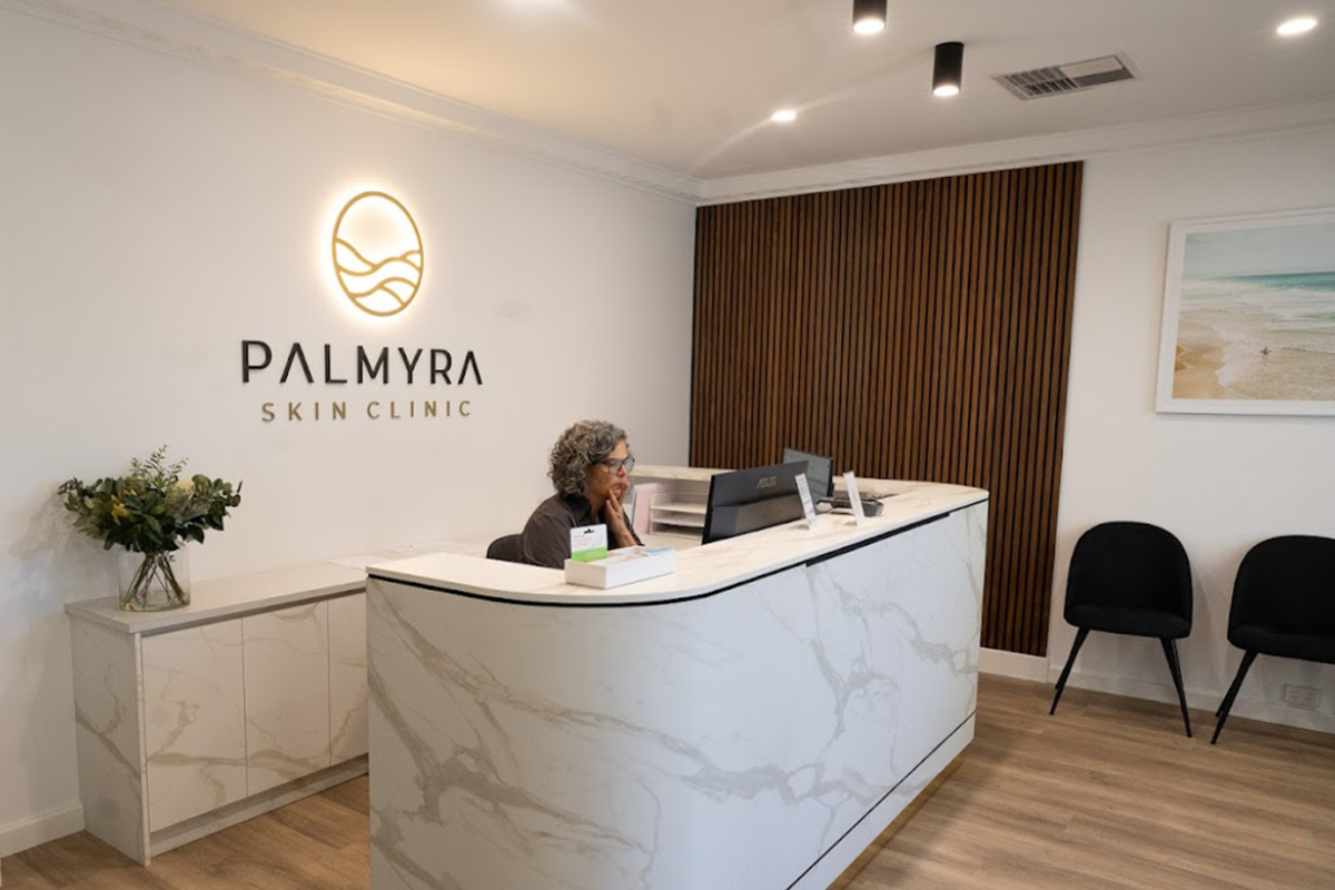 Palmyra Skin Clinic Reception Signage Perth Go Graphics Reception Signage 2 Palmyra Skin Clinic reception area displaying illuminated 3d reception signage behind reception desk with Receptionist