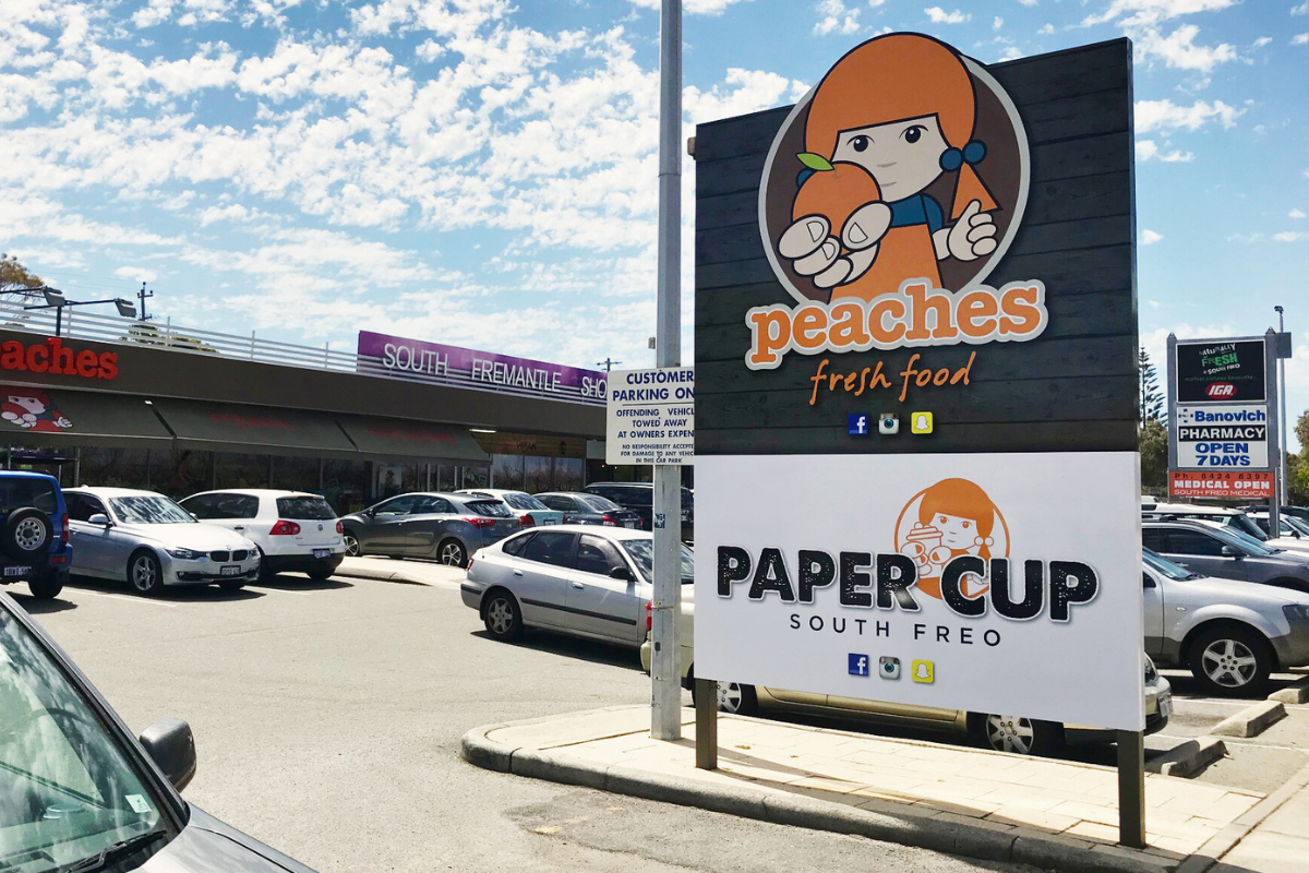 Perth Pylon Signage Pylon Signage 8 Peaches freestanding pylon sign on display at beaconsfield retail store in Perth