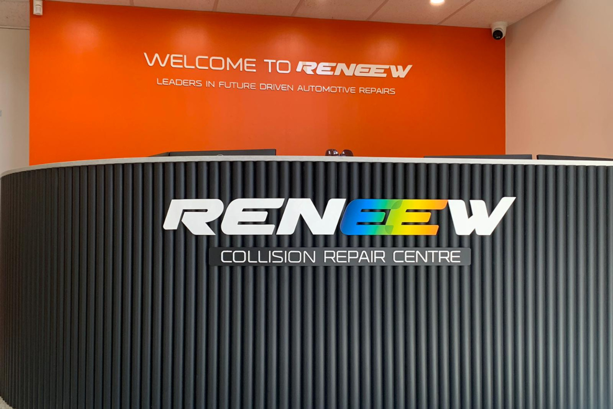 Reneew Reception Signage Perth Go Graphics Reception Signage 5 Reneew collision centre reception area displaying 3d signage lettering and wall graphics