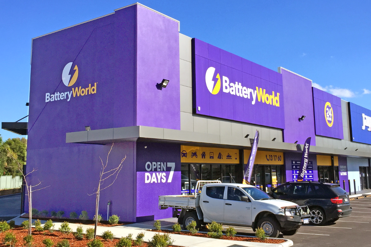 Shopfront Signage Perth Go Graphics Battery World Shopfront Signage 12 Exterior shot of Battery World store in Perth displaying striking branded exterior building signage