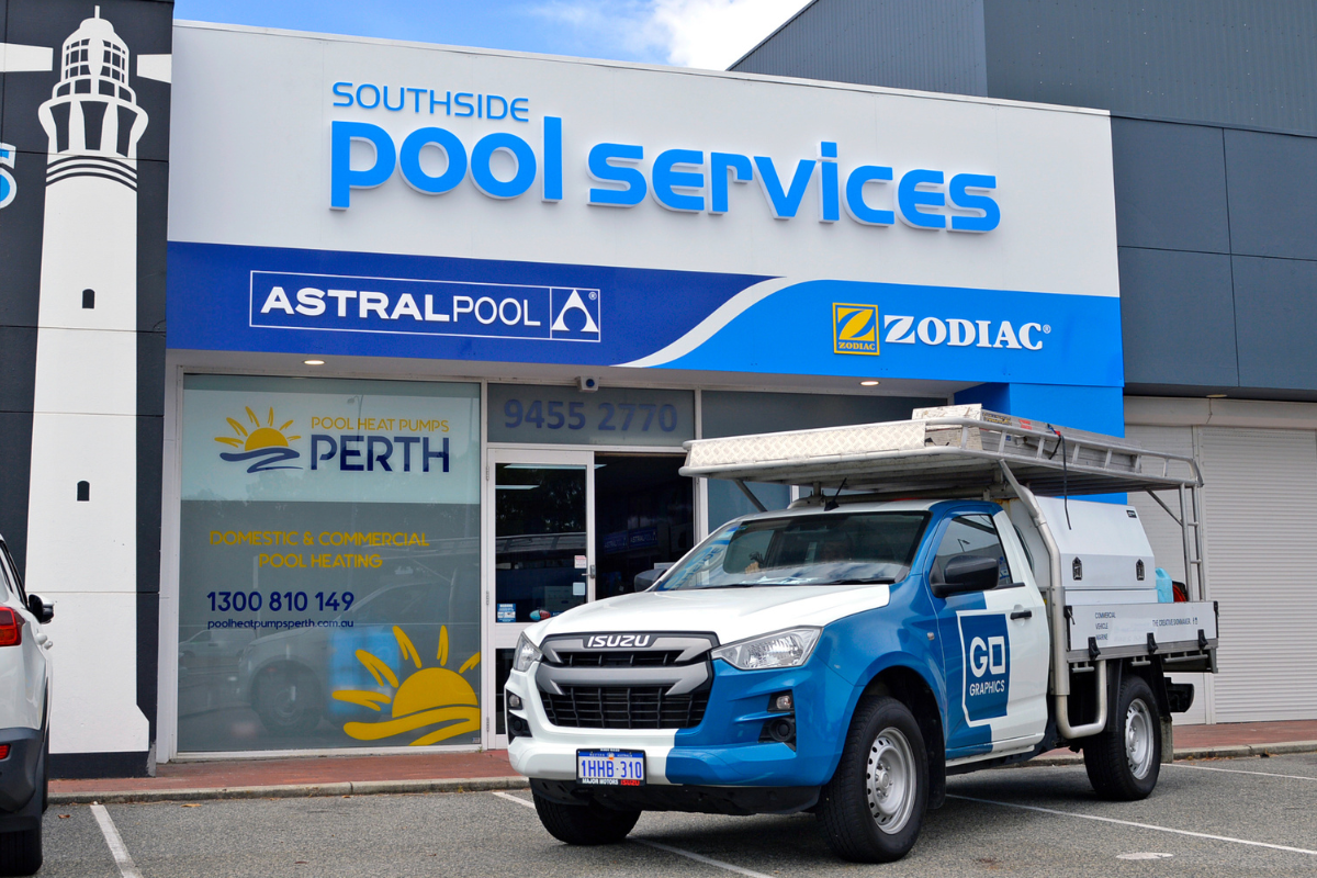 Shopfront Signage Perth Go Graphics Pool Services Commercial Signage 4 Southside Pool Services storefront in Perth displaying 3d lettering on exterior storefront