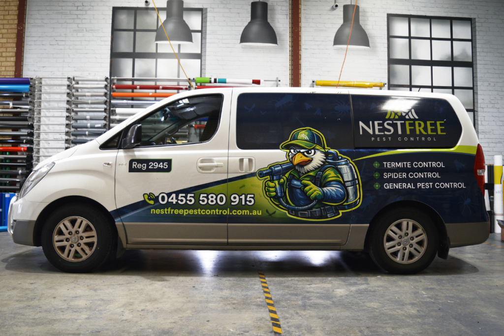 Vehicle Signage Go Graphics Nestfree VEHICLE SIGNAGE: YOUR QUESTIONS ANSWERED 5 Nestfree van parked inside Go Graphics workshop displaying branded partial wrap vehicle graphics